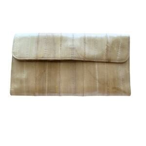 Vintage light tan eel skin leather folded wallet flap snap closure made in Korea